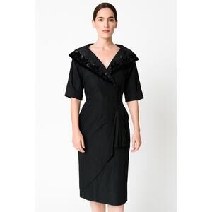 Vintage 1950s Black Cocktail belted Dress w/ Velvet Sequin Collar medium